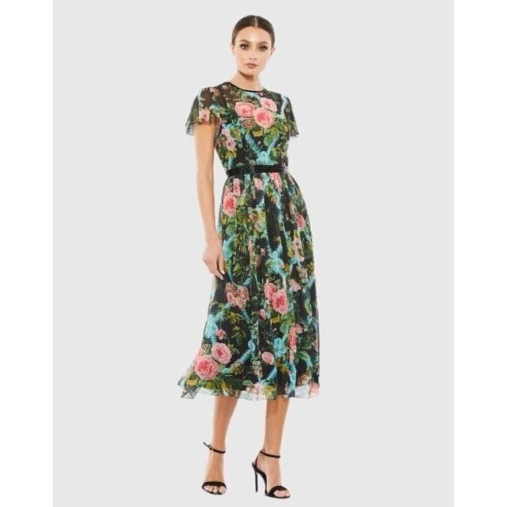Mac Duggal Black Floral Midi Dress with Pink & Green Accents
